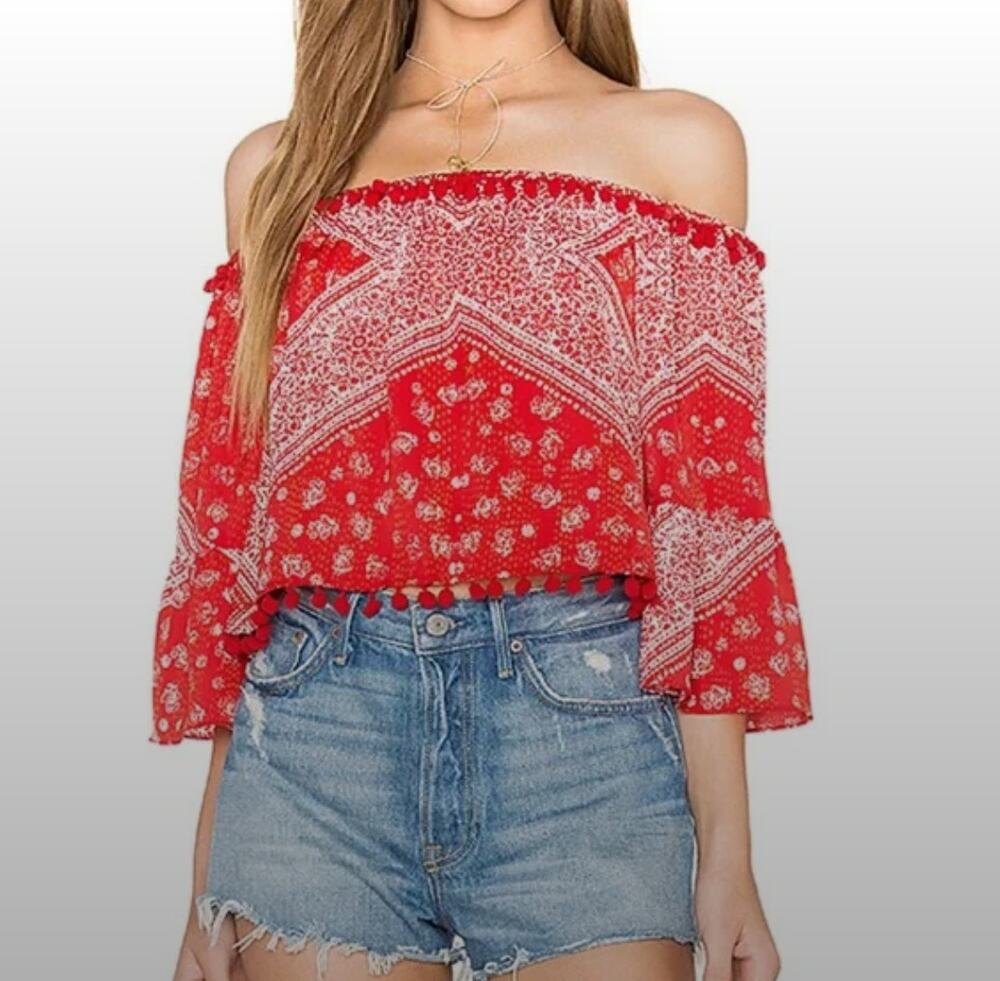 TULAROSA Alex Cherry Red White Bandana Print Off-Shoulder Pom Pom Top Blouse M